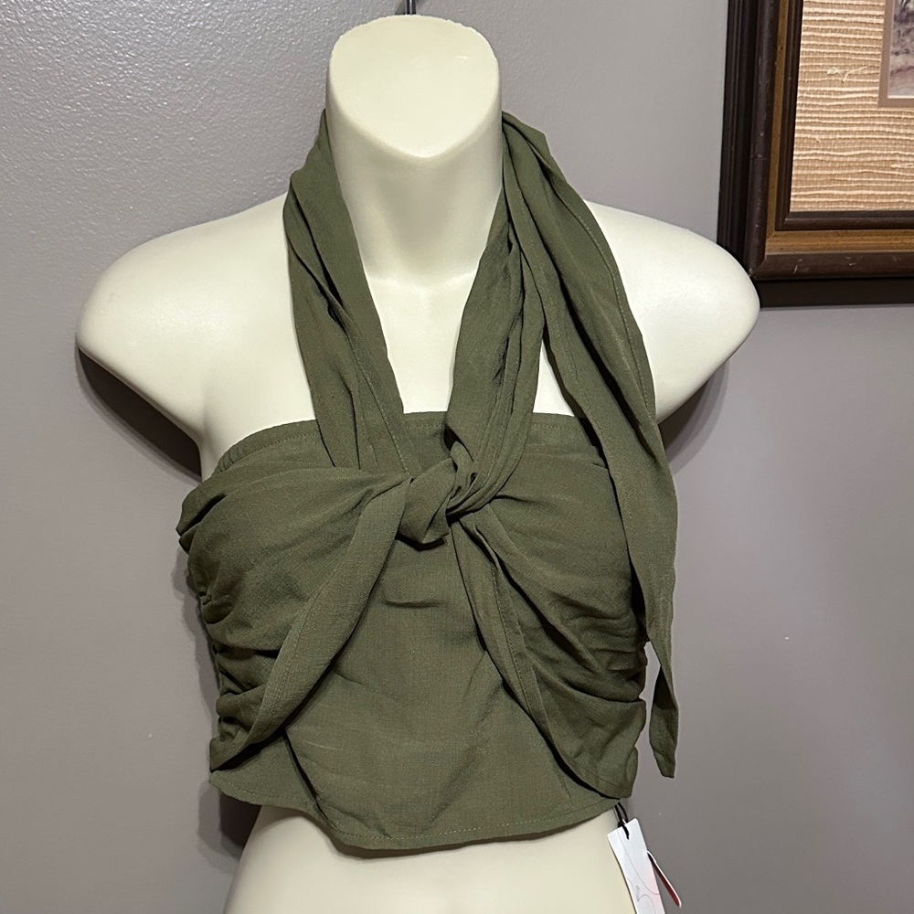 Cider Olive Green Knotted Crop Top